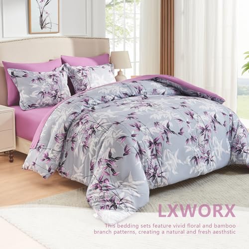LXWORX King Size Comforter Set Purple - 7 Pieces Bed in a Bag Botanical Leaf Pattern Bedding Set, Soft Lightweight King Bed Set with Comforter and Sheets for All Season (Purple,King) - Image 2