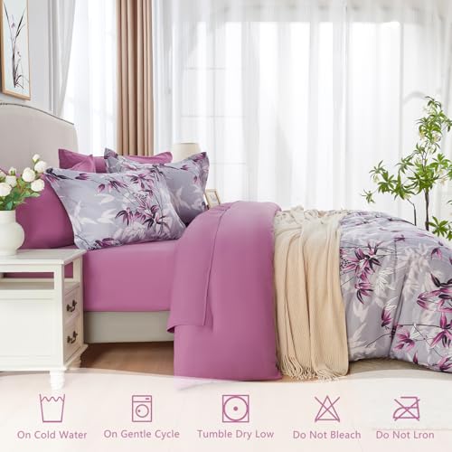 LXWORX King Size Comforter Set Purple - 7 Pieces Bed in a Bag Botanical Leaf Pattern Bedding Set, Soft Lightweight King Bed Set with Comforter and Sheets for All Season (Purple,King) - Image 4