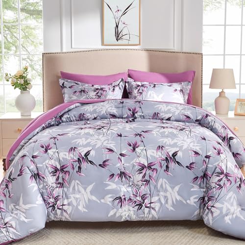 LXWORX King Size Comforter Set Purple - 7 Pieces Bed in a Bag Botanical Leaf Pattern Bedding Set, Soft Lightweight King Bed Set with Comforter and Sheets for All Season (Purple,King) - Image 1