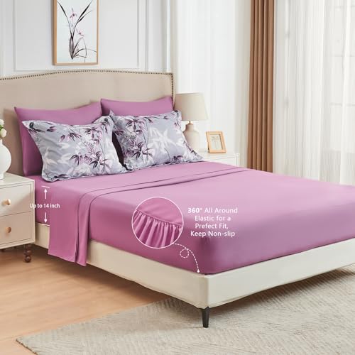 LXWORX King Size Comforter Set Purple - 7 Pieces Bed in a Bag Botanical Leaf Pattern Bedding Set, Soft Lightweight King Bed Set with Comforter and Sheets for All Season (Purple,King) - Image 5