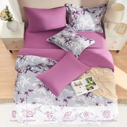 LXWORX King Size Comforter Set Purple - 7 Pieces Bed in a Bag Botanical Leaf Pattern Bedding Set, Soft Lightweight King Bed Set with Comforter and Sheets for All Season (Purple,King) - Image 3