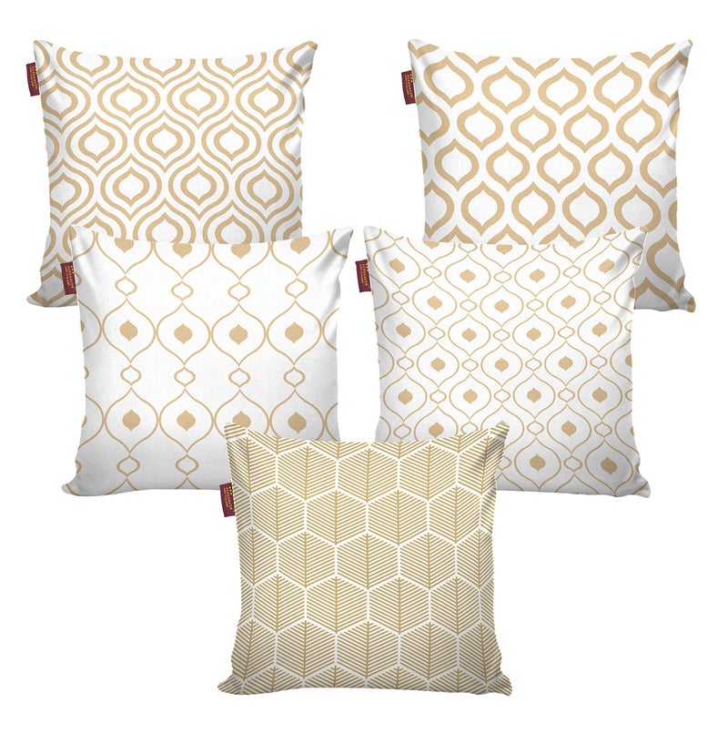 AEROHAVEN Premium Set of 5 Ethnic Digital Printed Hand Stitched Throw Pillow/Cushion Covers - (Beige and White, 16 x 16 Inch) - Image 2