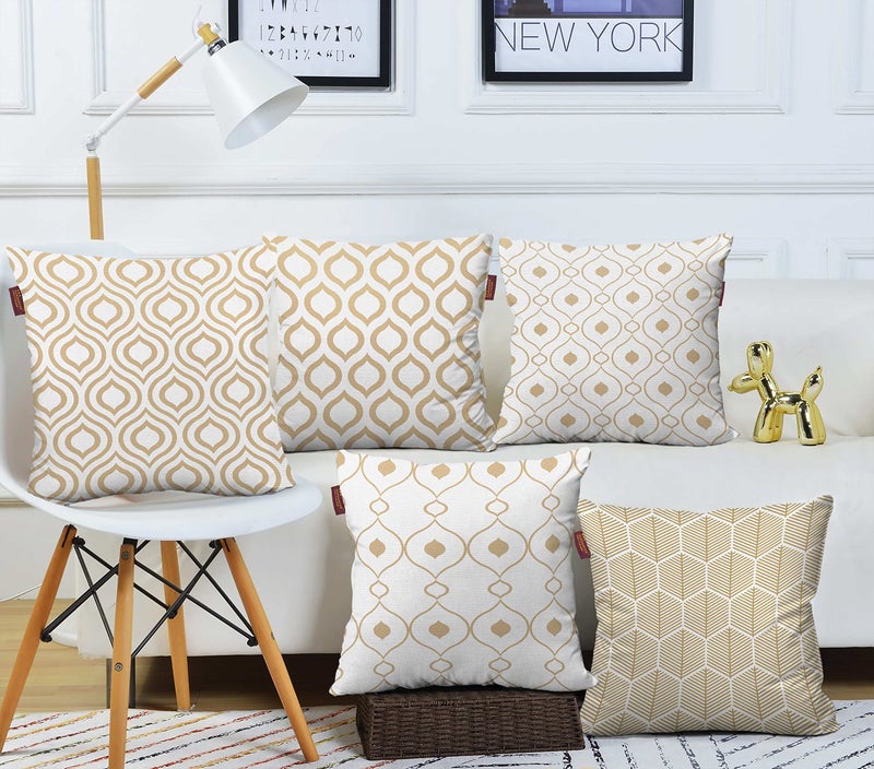 AEROHAVEN Premium Set of 5 Ethnic Digital Printed Hand Stitched Throw Pillow/Cushion Covers - (Beige and White, 16 x 16 Inch) - Image 1