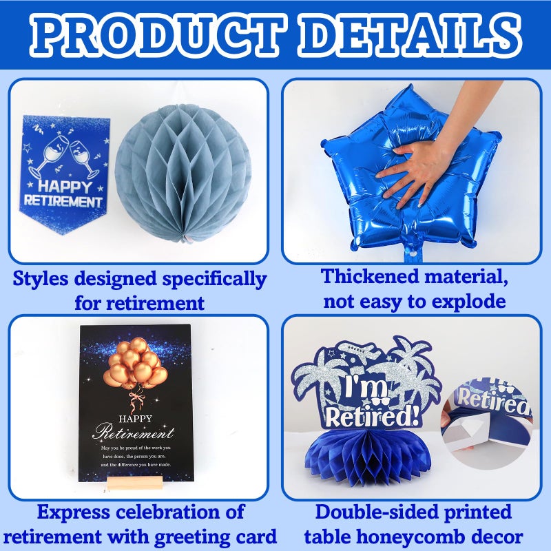 Bolake Happy Retirement Party Decorations for Men Women Blue Silver Happys Retirements Decorations Happy Retirements Banner Backdrop Card Retirement Sash Hanging Swirls Foil Balloons Honeycomb Centerpieces - Image 4