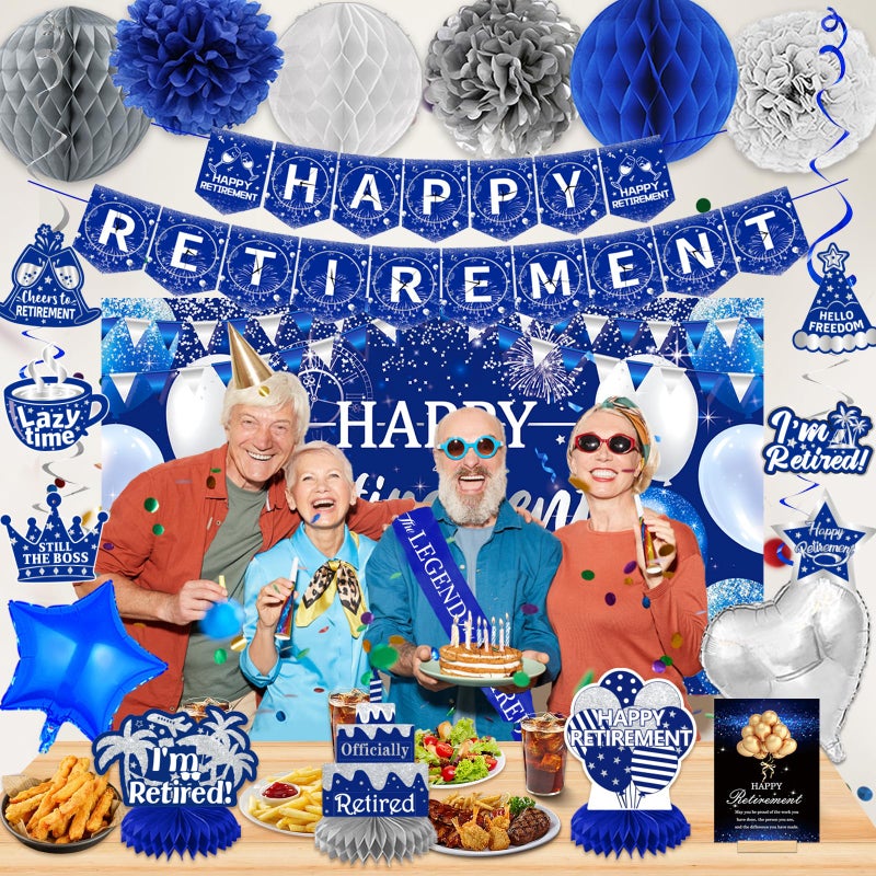 Bolake Happy Retirement Party Decorations for Men Women Blue Silver Happys Retirements Decorations Happy Retirements Banner Backdrop Card Retirement Sash Hanging Swirls Foil Balloons Honeycomb Centerpieces - Image 5