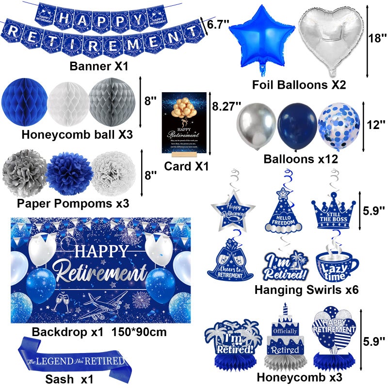 Bolake Happy Retirement Party Decorations for Men Women Blue Silver Happys Retirements Decorations Happy Retirements Banner Backdrop Card Retirement Sash Hanging Swirls Foil Balloons Honeycomb Centerpieces - Image 2
