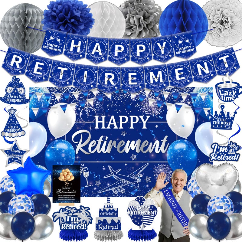 Bolake Happy Retirement Party Decorations for Men Women Blue Silver Happys Retirements Decorations Happy Retirements Banner Backdrop Card Retirement Sash Hanging Swirls Foil Balloons Honeycomb Centerpieces - Image 1
