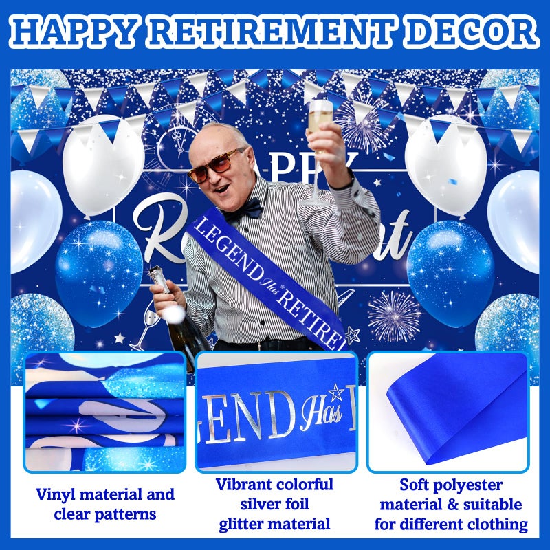 Bolake Happy Retirement Party Decorations for Men Women Blue Silver Happys Retirements Decorations Happy Retirements Banner Backdrop Card Retirement Sash Hanging Swirls Foil Balloons Honeycomb Centerpieces - Image 3