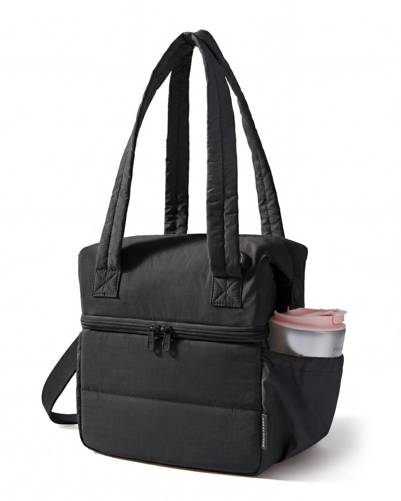 BAGSMART Double Deck Lunch Bag Women Insulated Reusable Lunch Box Quilted Puffer Lunch Tote with Shoulder Strap Durable Large Lunch Cooler For Work Picnic Travel Meal Prep Flight Black - Image 2