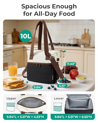 BAGSMART Double Deck Lunch Bag Women Insulated Reusable Lunch Box Quilted Puffer Lunch Tote with Shoulder Strap Durable Large Lunch Cooler For Work Picnic Travel Meal Prep Flight Black - Image 3