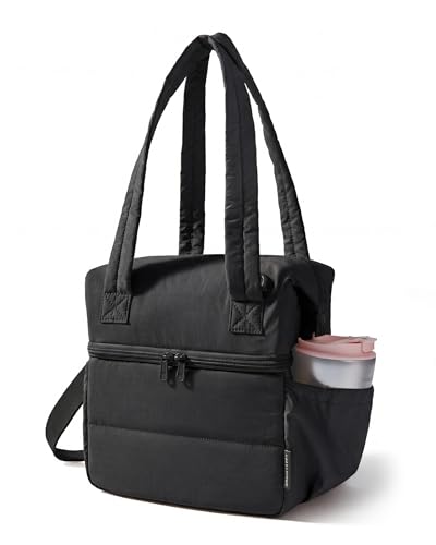 BAGSMART Double Deck Lunch Bag Women Insulated Reusable Lunch Box Quilted Puffer Lunch Tote with Shoulder Strap Durable Large Lunch Cooler For Work Picnic Travel Meal Prep Flight Black - Image 1