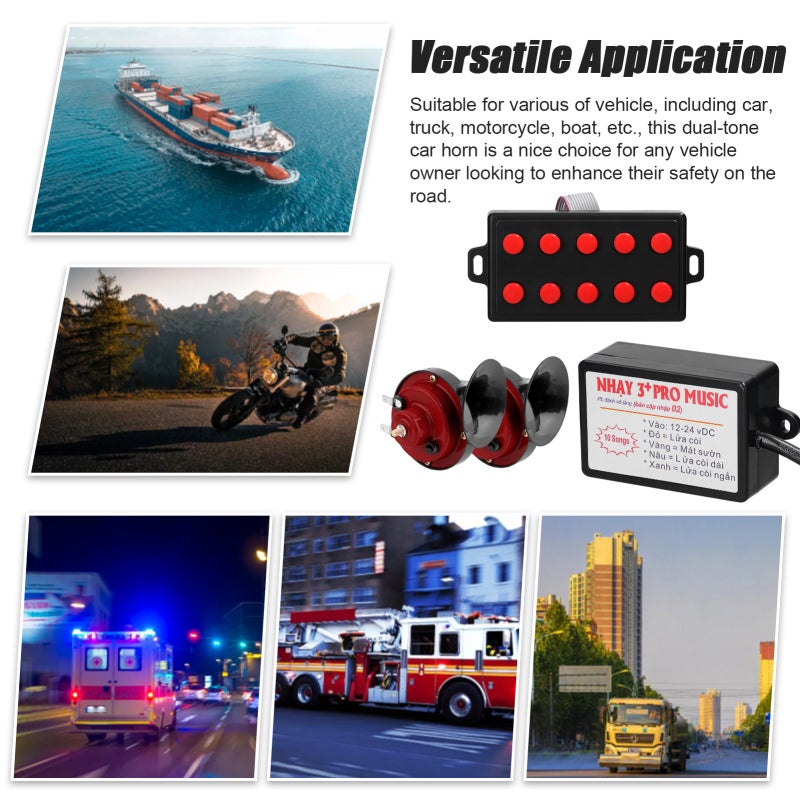 Car Horn: 12 Sounds Button Type - Loud Clear Sound Premium Quality Customizable Sound for Cars Trucks Motorcycles Boats - Image 2