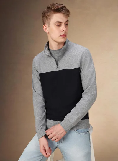Dennis Lingo Men's Grey Melange Polyester Blend Colour Blocked Regular Fit Sweatshirt