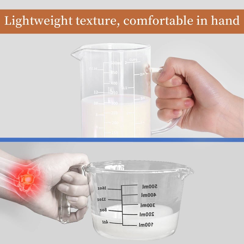 Newness Glass Measuring Cup with Handle, 500 ML (0.5 Liter, 2 Cup) Measuring Cup with Three Scales (OZ, Cup, ML/CC) and V-Shaped Spout, Measuring Beaker for Kitchen or Restaurant, Easy to Read - Image 3