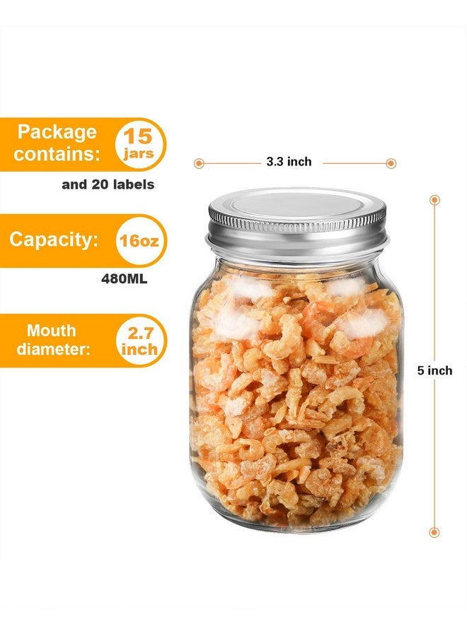 Rainforce 16 oz Mason Jars With Lids Regular Mouth 15 Pack-16 oz Glass Jars with Lids,Bulk Pint Clear Glass Jars For Meal Prep, Food Storage With 20 Labels (Silver Lids) - Image 3