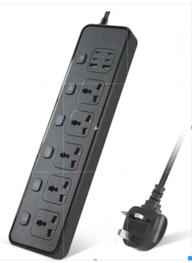 Anmi 3m Extension Lead 5 AC Way with 2 USB,4 Type-C Slots(5V 4.2A), 13Amp UK Plug Power(3250W/13A),Power Strip for Home Office (Black)
