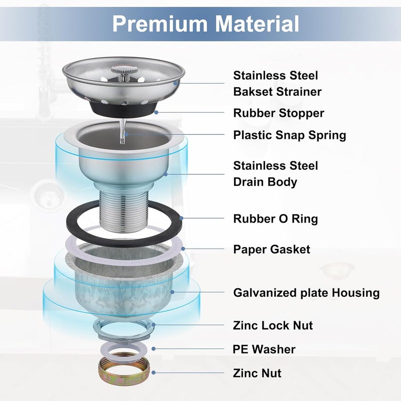 Zm Kitchen Sink Stainless Steel Deep Locking Basket Strainer with Drain Assembly, 3-1/2 Inch Sink Drain Stopper Plug - Image 2