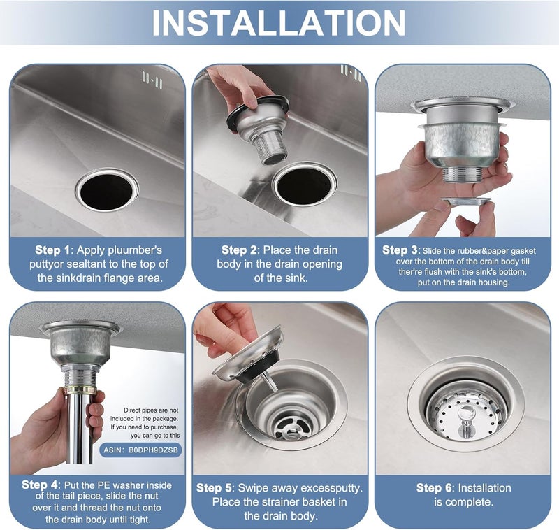Zm Kitchen Sink Stainless Steel Deep Locking Basket Strainer with Drain Assembly, 3-1/2 Inch Sink Drain Stopper Plug - Image 4