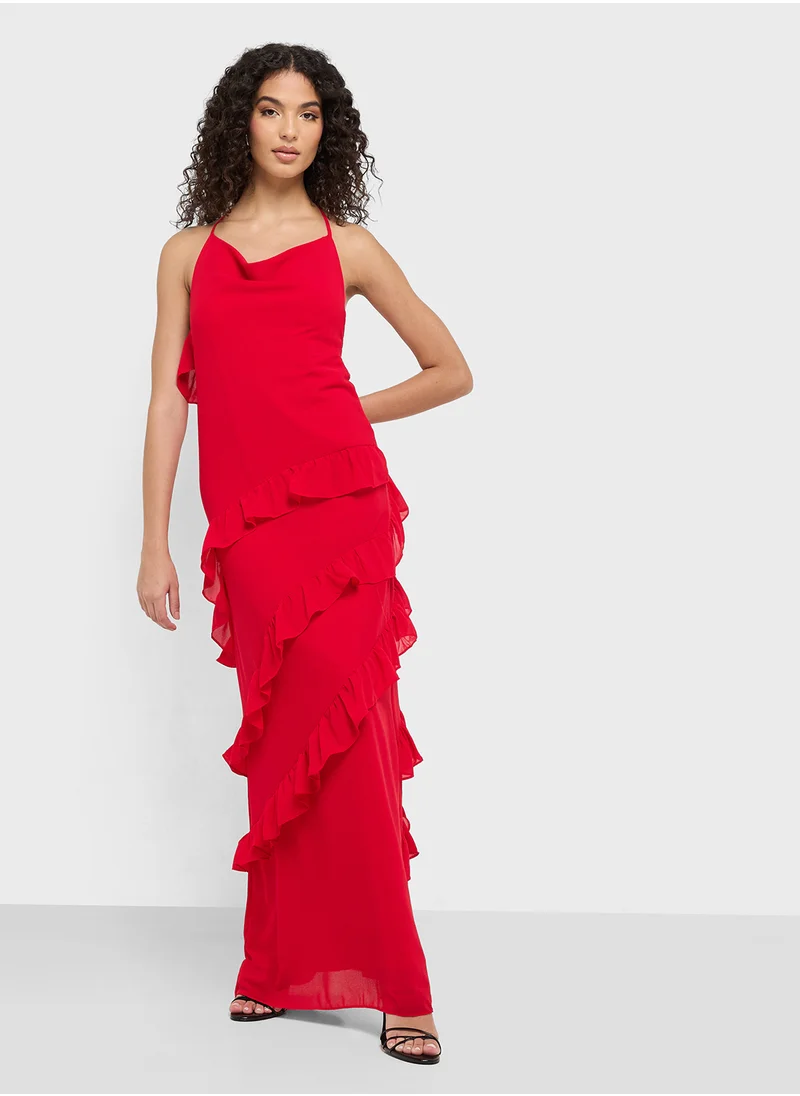 جينجر Halter Ruffled Maxi Dress