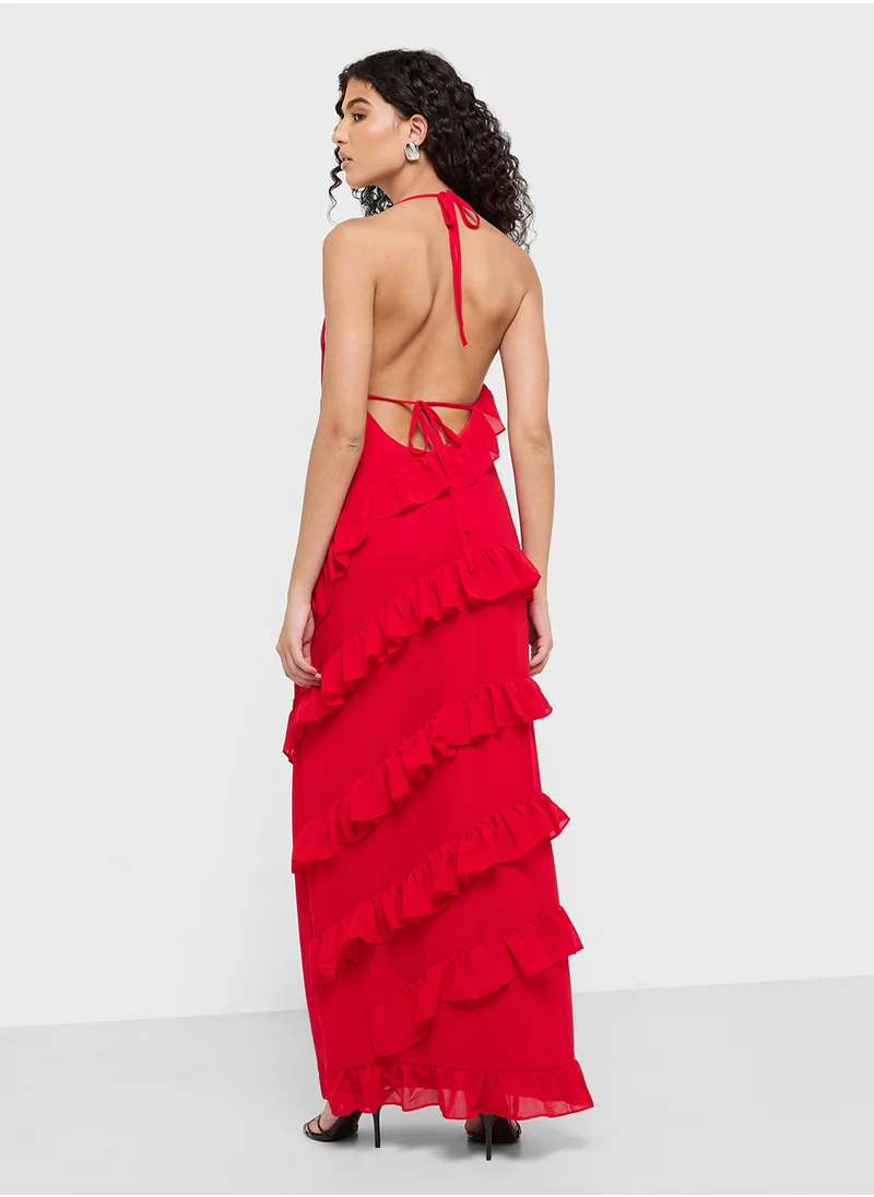 جينجر Halter Ruffled Maxi Dress