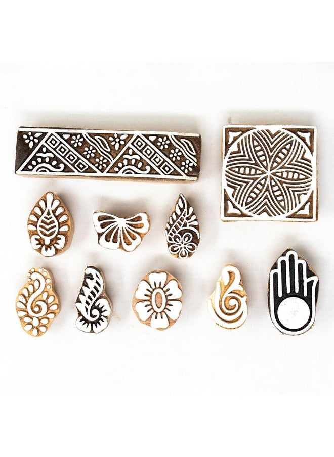 Hashcart Wooden Stamp Block, Printing Stamp Design Set | Block for Printing Saree Border | Dresses, Craft Card Making, Scrapbook, Clay Pottery | Set of 10