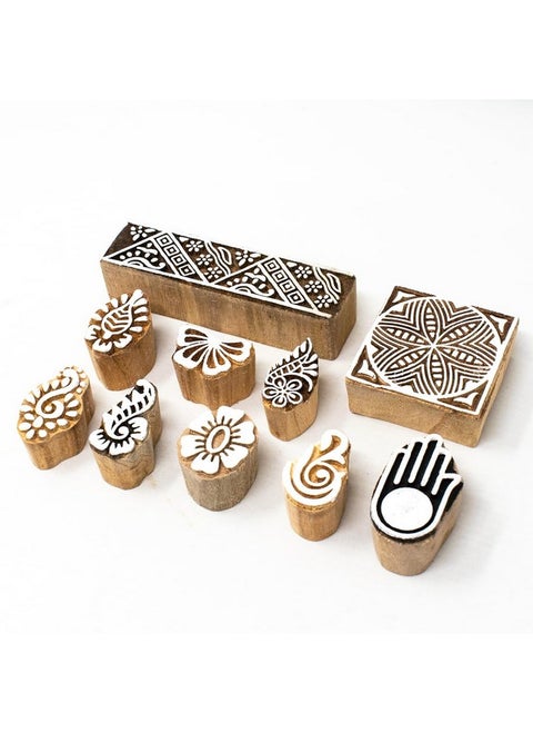 Hashcart Wooden Stamp Block, Printing Stamp Design Set | Block for Printing Saree Border | Dresses, Craft Card Making, Scrapbook, Clay Pottery | Set of 10
