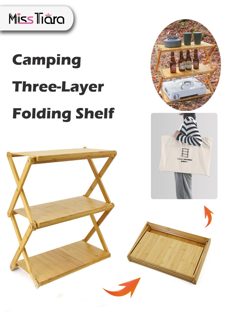MissTiara Outdoor 3-Layers Camping Folding Shelf Portable Picnic Folding Shelf Cooling Rack Bamboo Plate Telescopic Storage Rack for BBQ Camp Travel Garden Patio No Installation Outdoor Indoor - Image 1