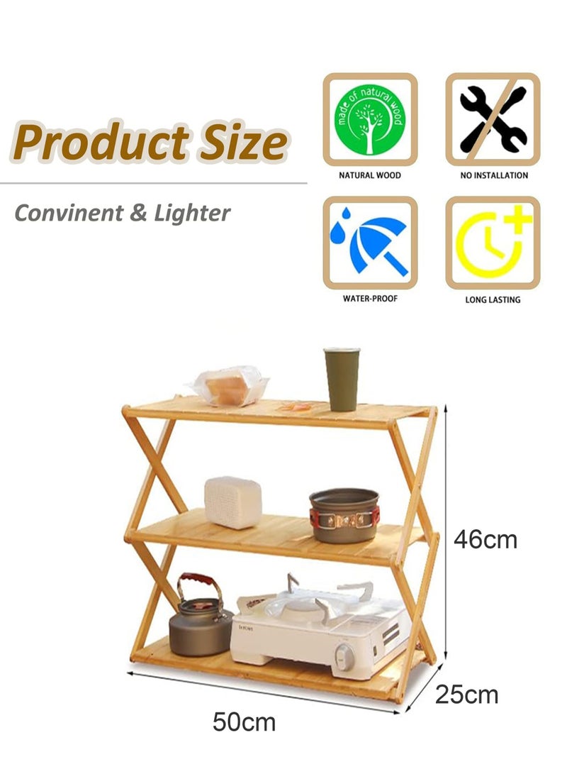 MissTiara Outdoor 3-Layers Camping Folding Shelf Portable Picnic Folding Shelf Cooling Rack Bamboo Plate Telescopic Storage Rack for BBQ Camp Travel Garden Patio No Installation Outdoor Indoor - Image 3