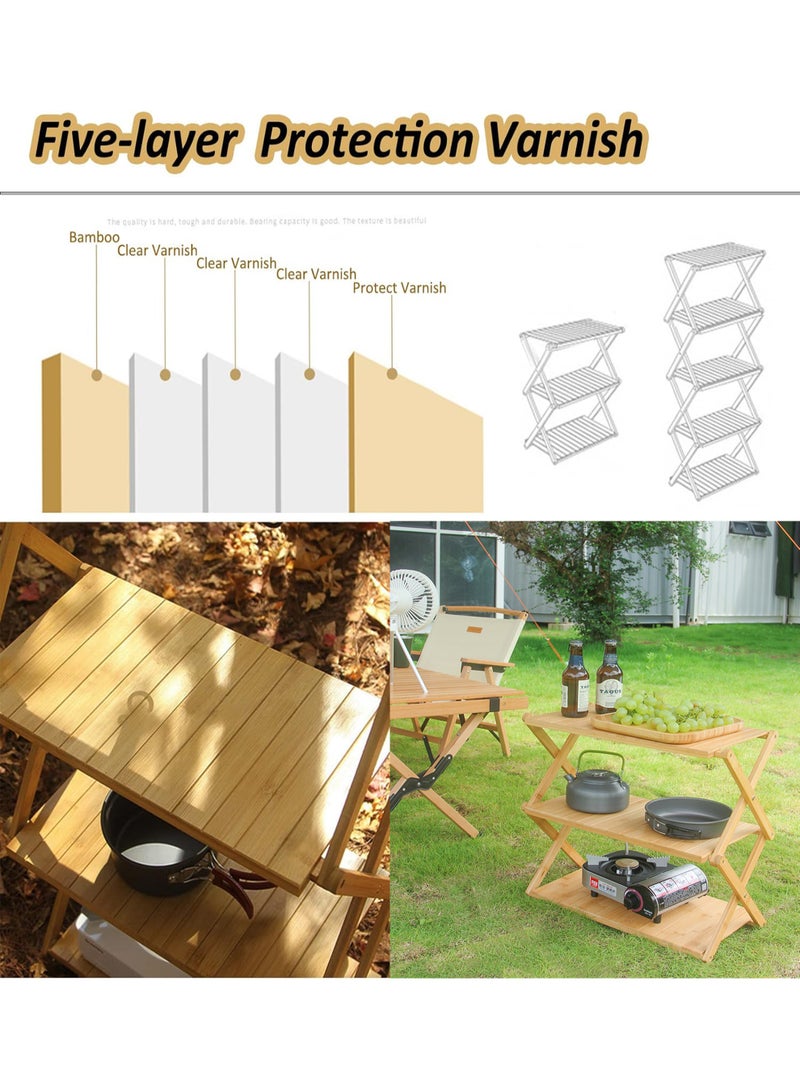 MissTiara Outdoor 3-Layers Camping Folding Shelf Portable Picnic Folding Shelf Cooling Rack Bamboo Plate Telescopic Storage Rack for BBQ Camp Travel Garden Patio No Installation Outdoor Indoor - Image 4