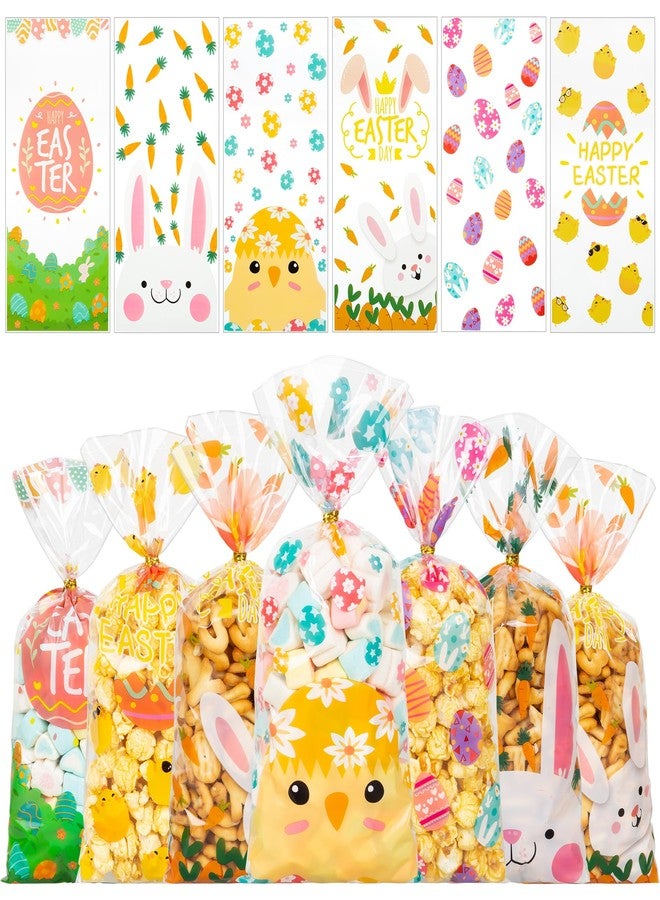 GOMANCHE 120 Pieces Cellophane Treat Bags, 6 Styles Easter Clear Cello Candy Goodies Bags with Twist Ties for Easter Spring Holiday Party Favors Supplies - Image 1