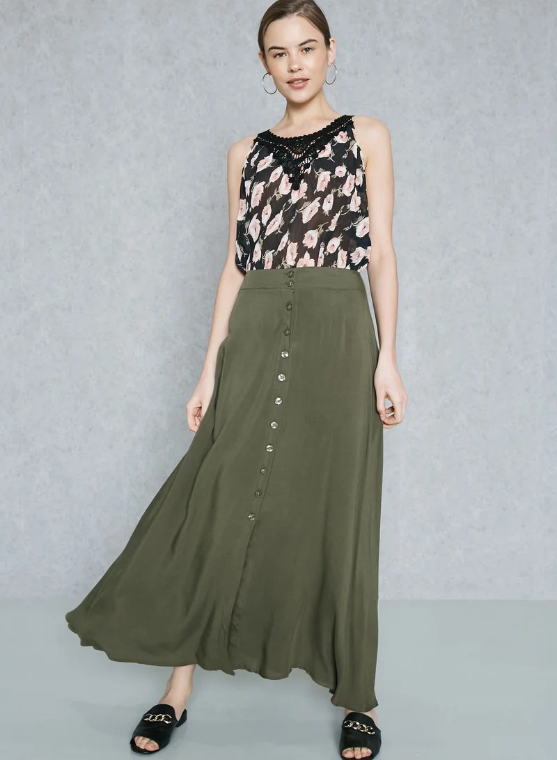 Ginger Button Front Slit Maxi Skirt
