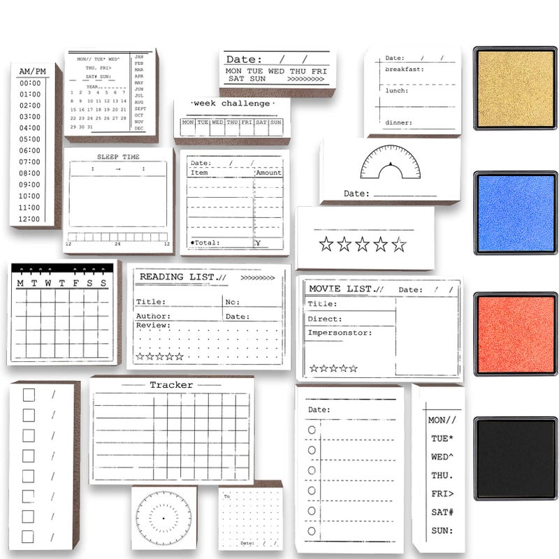 Rancco 18 Pcs Journal Stamps wInk Pad 4 Set Bujo Stamp Calendar Planner Stencil for Journal DIY to Do List Tasks Month Week Dates Organizer Scrapbooking Craft Enhance and Simplify Your Planner