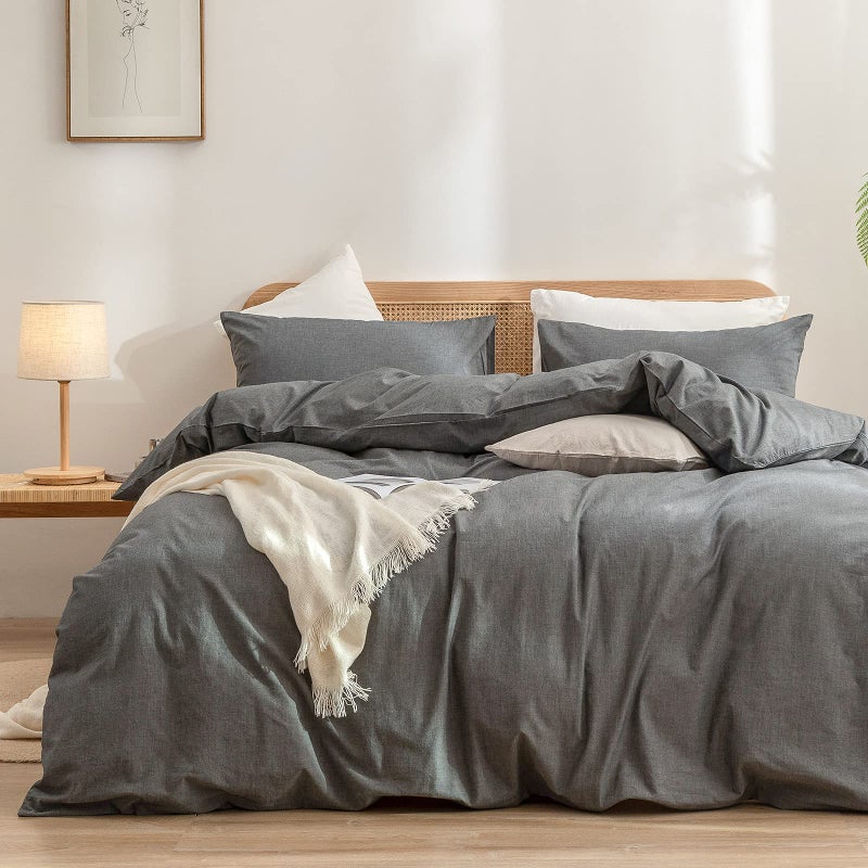 BESTOUCH Duvet Cover Set 100% Washed Cotton Linen Feel Super Soft Comfortable Chic Lightweight 2 PCs Home Bedding Set Solid Dark Grey Twin/Twin XL - Image 1