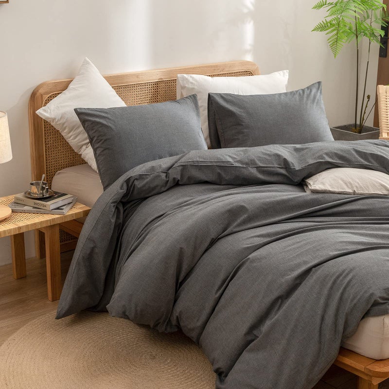 BESTOUCH Duvet Cover Set 100% Washed Cotton Linen Feel Super Soft Comfortable Chic Lightweight 2 PCs Home Bedding Set Solid Dark Grey Twin/Twin XL - Image 5