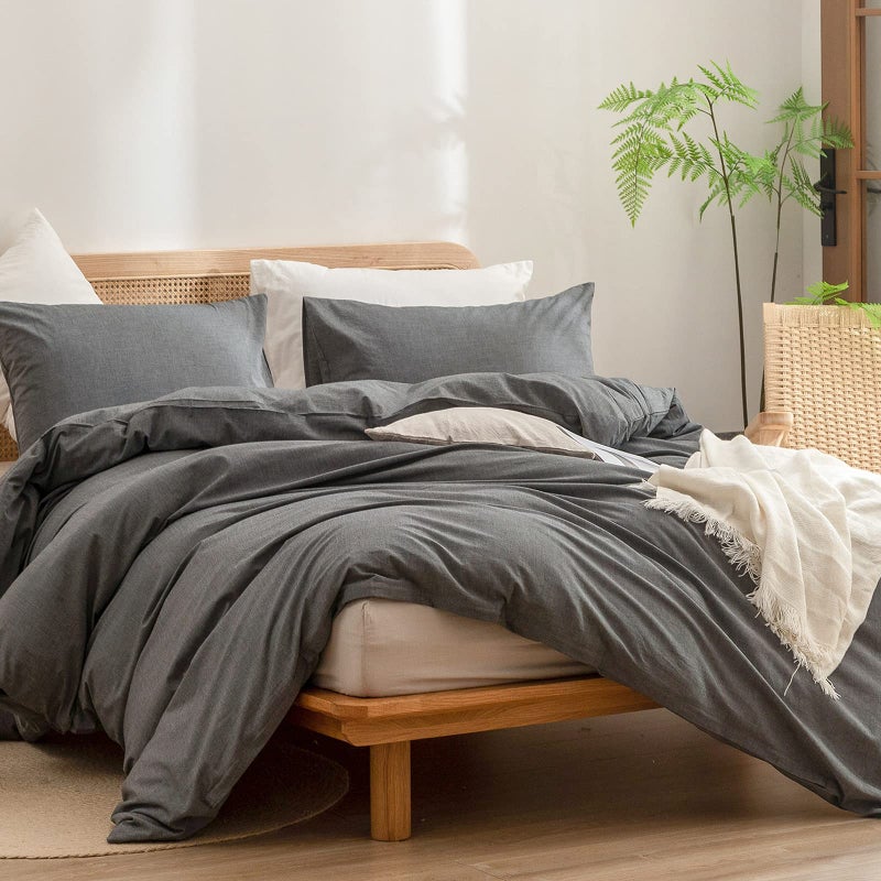 BESTOUCH Duvet Cover Set 100% Washed Cotton Linen Feel Super Soft Comfortable Chic Lightweight 2 PCs Home Bedding Set Solid Dark Grey Twin/Twin XL - Image 4