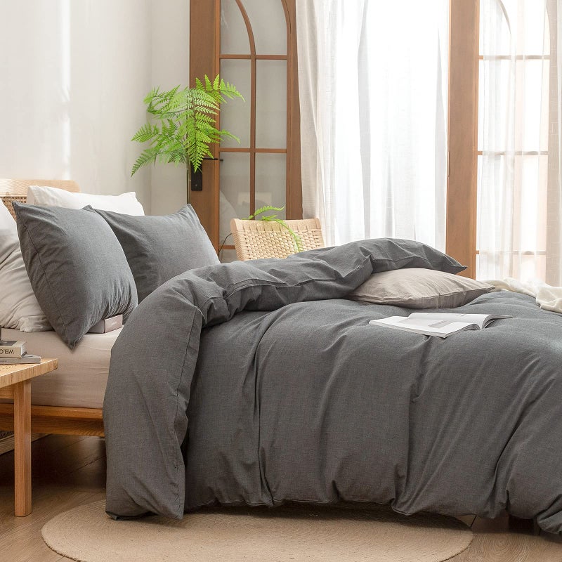 BESTOUCH Duvet Cover Set 100% Washed Cotton Linen Feel Super Soft Comfortable Chic Lightweight 2 PCs Home Bedding Set Solid Dark Grey Twin/Twin XL - Image 3