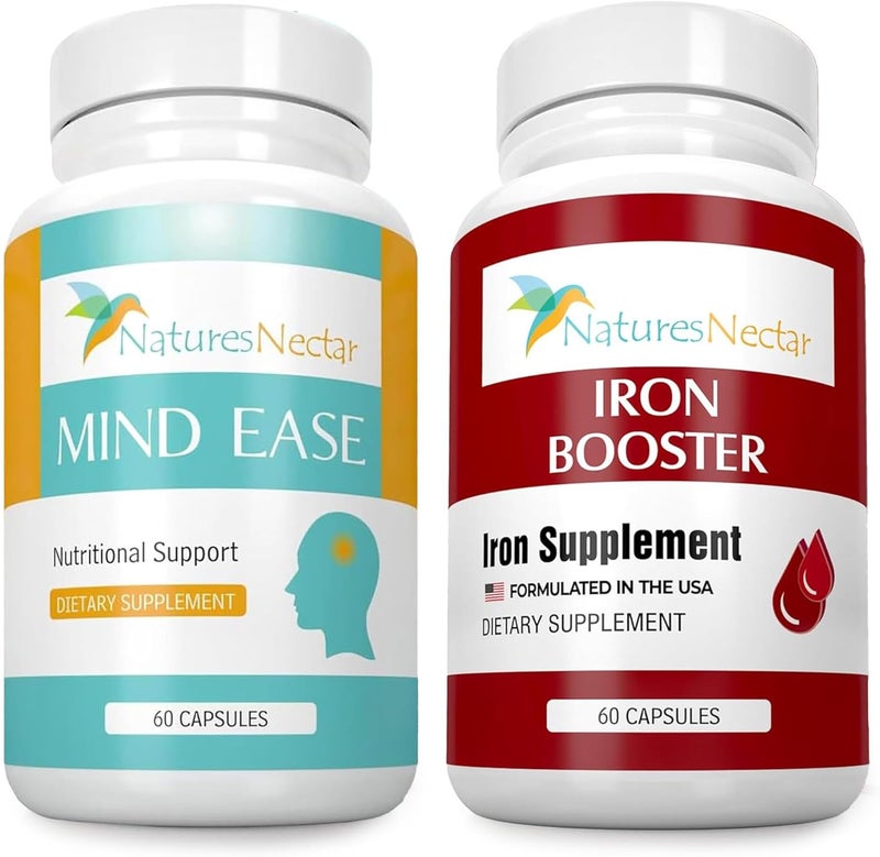 Natures Nectar Migraine  Iron Support Bundle  Feverfew for Migraine Relief  Blood Builder Iron Supplement for Men  Women 60 Capsules Each - Image 1