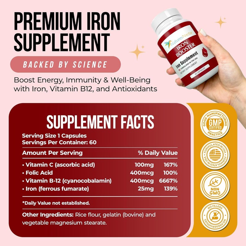 Natures Nectar Migraine  Iron Support Bundle  Feverfew for Migraine Relief  Blood Builder Iron Supplement for Men  Women 60 Capsules Each - Image 3