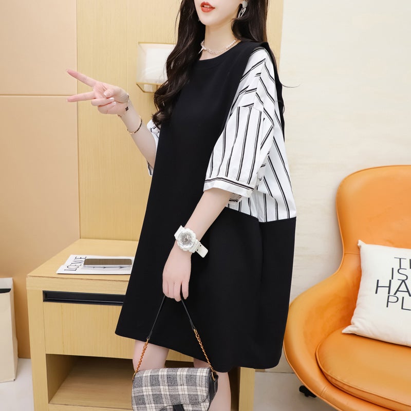 Loose And Versatile Short-Sleeve Oversized T-Shirt, New Stylish Summer Striped Mid-Length Top 100Kg - Image 1
