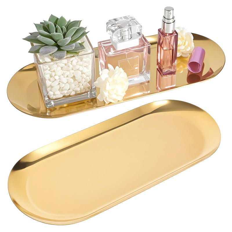 JOLYEAK 2PACK Gold Decorative Tray,Oval Stainless Steel Trays, Decorative Tray for Jewelry Dish Cosmetics Organizer Bathroom Clutter Serving Platter - Image 1