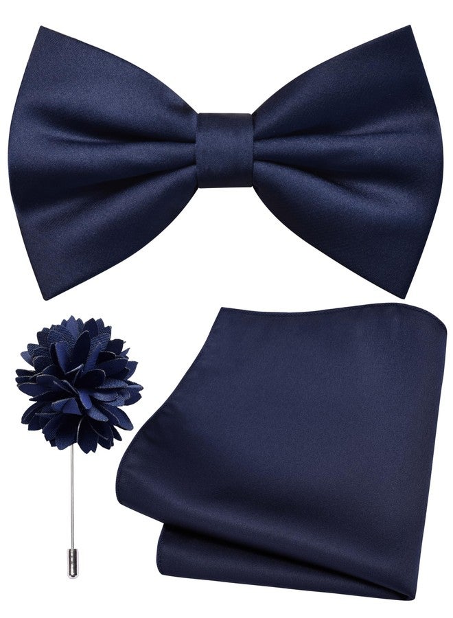 Branduce Navy Blue Bow Tie for Men Wedding Solid Satin Silk Bowties Pocket Square and Lapel Pin Brooch Set (BB07-37) - Image 1