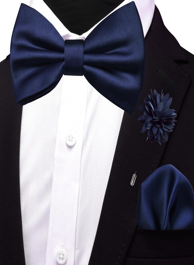 Branduce Navy Blue Bow Tie for Men Wedding Solid Satin Silk Bowties Pocket Square and Lapel Pin Brooch Set (BB07-37) - Image 2