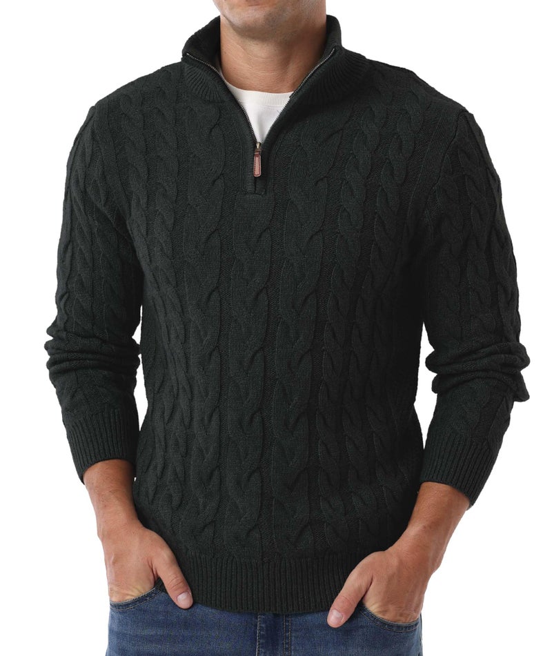 Askdeer Men's Quarter Zip Sweater Cable Knit Mock Neck Pullover Sweaters Classic Casual Polo Sweater Black - Image 3