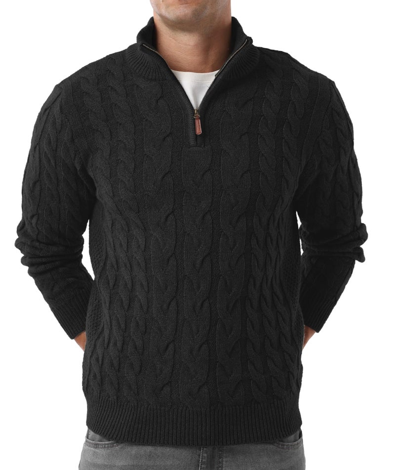 Askdeer Men's Quarter Zip Sweater Cable Knit Mock Neck Pullover Sweaters Classic Casual Polo Sweater Black - Image 2