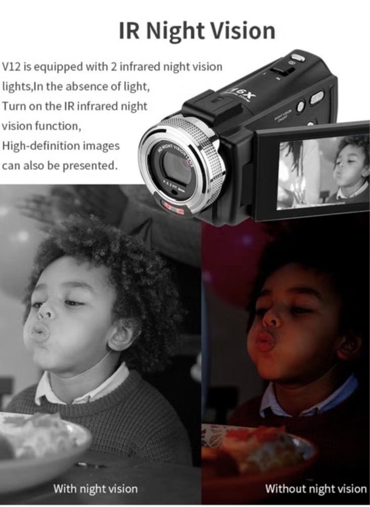 ORDRO V12 1080p HD Video Camera, Sturdy And Durable Infrared Night Vision Camera, Easy To Carry Lightweight Camcorder With Rotatable LCD Screen For Photos And Video, (1pc, Black)  - Image 3