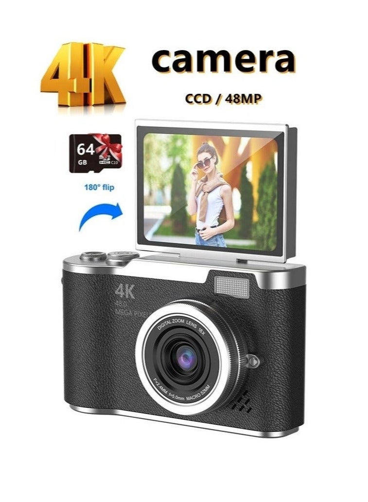 4k CCD Digital Zoom Student Digital Camera 48MP Portable Digital Photography Camera 180° Flip Screen Selfie Camera，with 64GB SD card - Image 1
