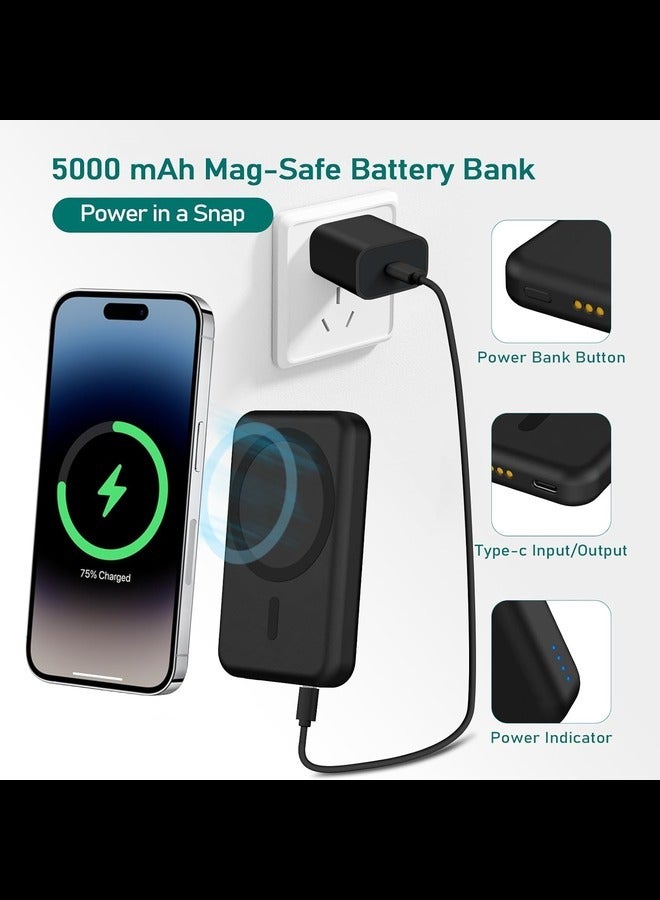 3 in 1 Wireless Charging Station, Fast Charger Stand Compatible for iPhone/Apple Watch/Airpods, 5000mAh Mag-Safe Battery Pack USB C Power Bank for 15 14 13 12 Series, 20W PD Adapter (Black)  - Image 4