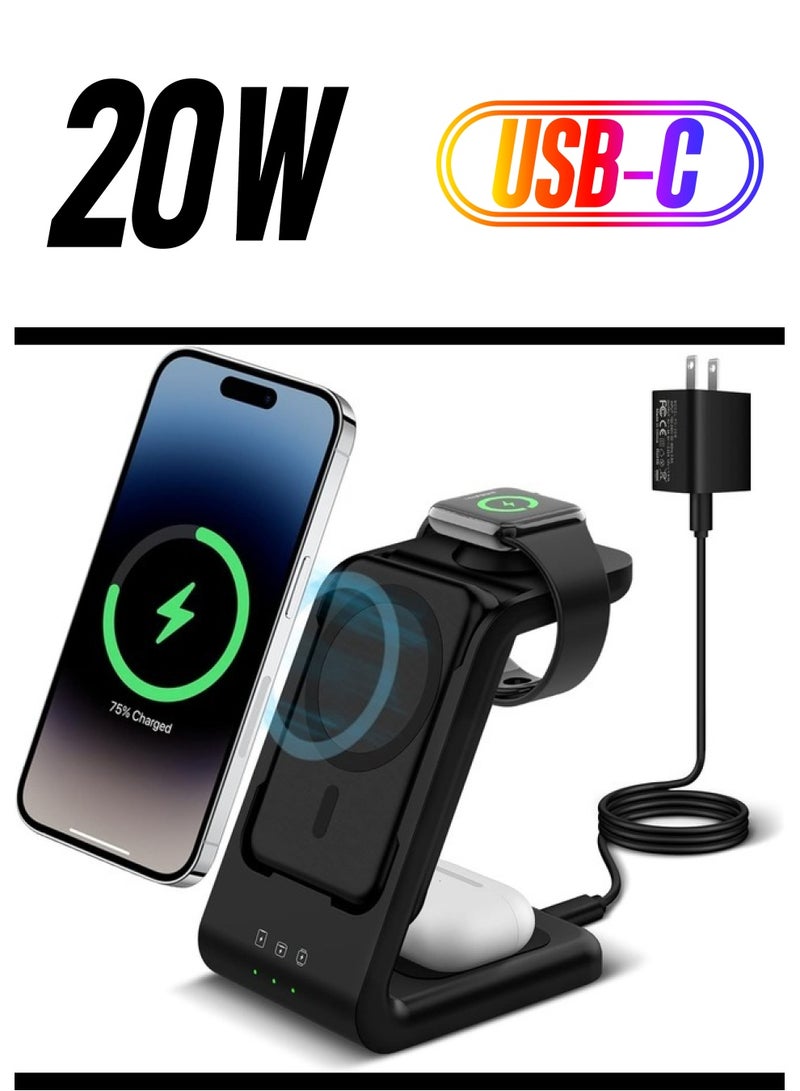 3 in 1 Wireless Charging Station, Fast Charger Stand Compatible for iPhone/Apple Watch/Airpods, 5000mAh Mag-Safe Battery Pack USB C Power Bank for 15 14 13 12 Series, 20W PD Adapter (Black)  - Image 1