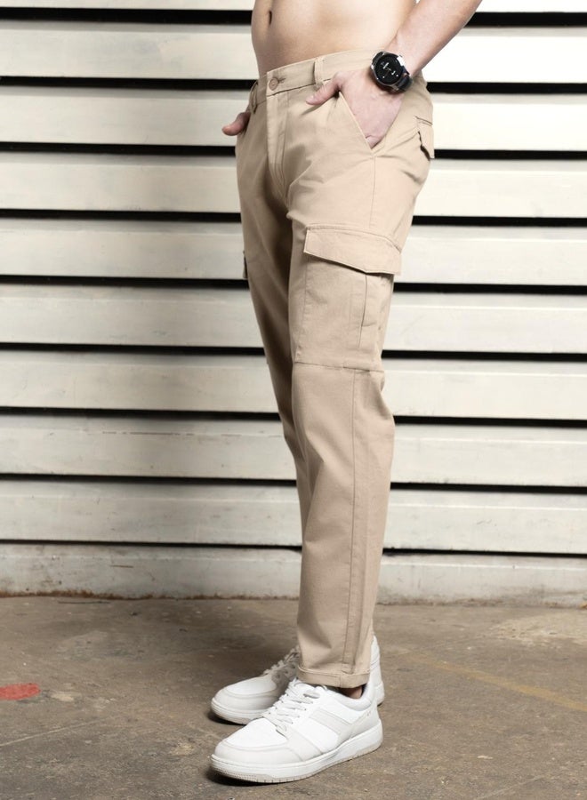 HIGH STAR Men's Taupe Slim Fit Cropped Cargo Trousers - Sleek and Functional  - Image 2