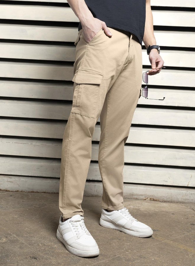 HIGH STAR Men's Taupe Slim Fit Cropped Cargo Trousers - Sleek and Functional  - Image 3